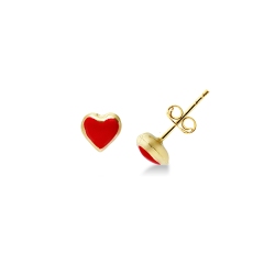 18k yellow gold stud heart shaped earrings with emeled red heart