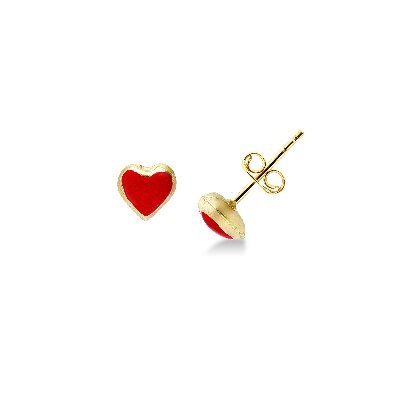 18k yellow gold stud heart shaped earrings with emeled red heart