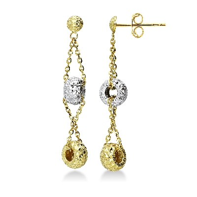 18k white and yellow gold drop earrings with diamond cut pendants 