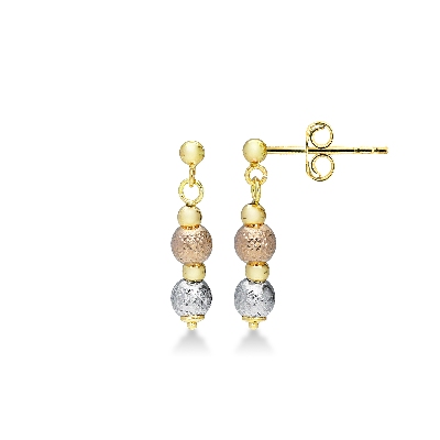 Yellow, white and rose gold 18k drop earrings with diamond cut little balls