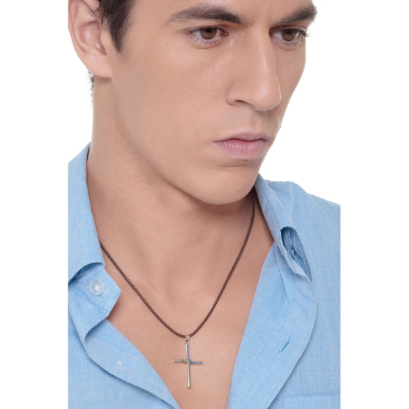 Ciondolo Croce stilizzata in oro bianco e giallo 18k. 