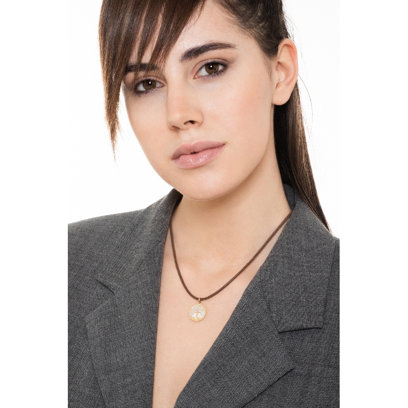 tree of life pendant in 18k yellow gold and mother of pearl background