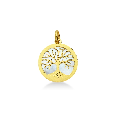 tree of life pendant in 18k yellow gold and mother of pearl background