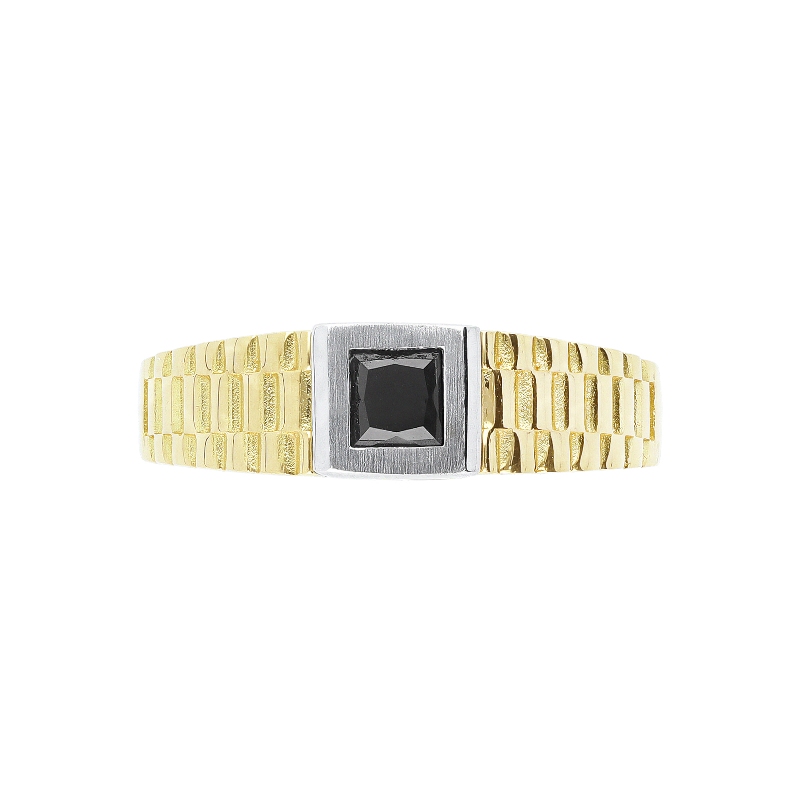 White and yellow gold 18k ring with a black zircon
