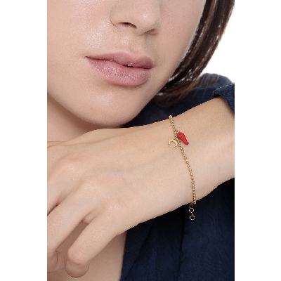 Bracciale in oro giallo 18k con cornetto rosso portafortuna e ferro di cavallo
