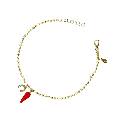 Bracciale in oro giallo 18k con cornetto rosso portafortuna e ferro di cavallo