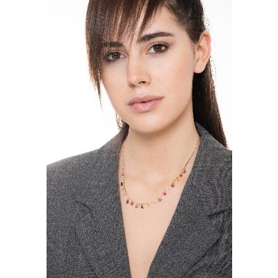 18k yellow gold necklace with colored gems and charms