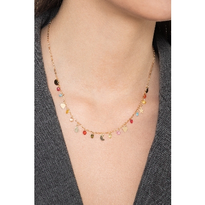18k yellow gold necklace with colored gems and charms
