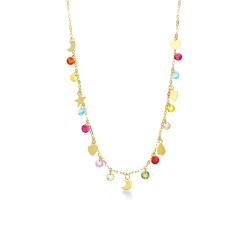 18k yellow gold necklace with colored gems and charms