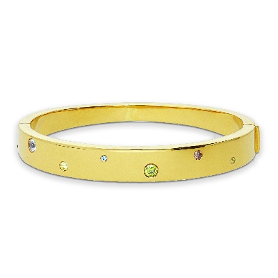 Bracciale rigido in oro giallo 18k con zirconi colorati.