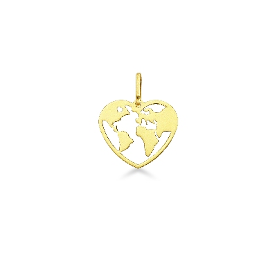 Heart shape pendant with world inside in 18k yellow gold