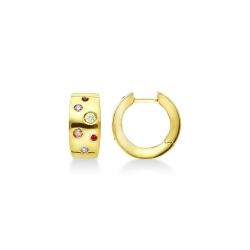 Orecchini a cerchio in oro giallo 18k con zirconi colorati.