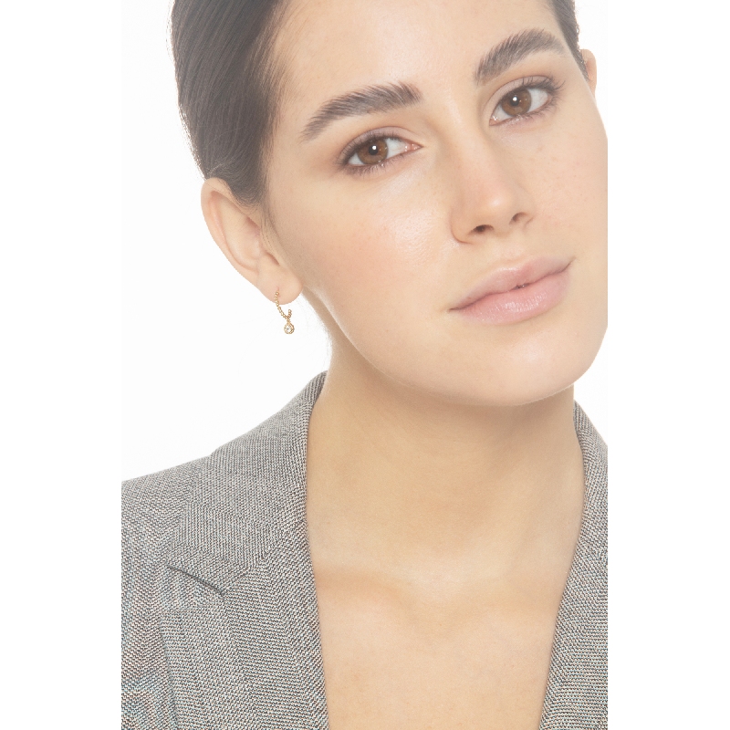 Yellow gold 18k half hoop earrings with zircon pendant