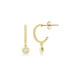Yellow gold 18k half hoop earrings with zircon pendant