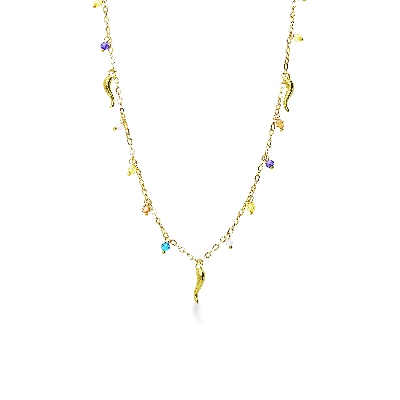 Collana in oro giallo 18k con charms e perline colorate, 42 cm