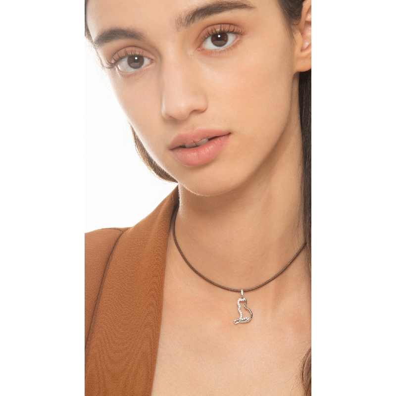 Ciondolo con gatto in oro bianco 18k e zirconi.