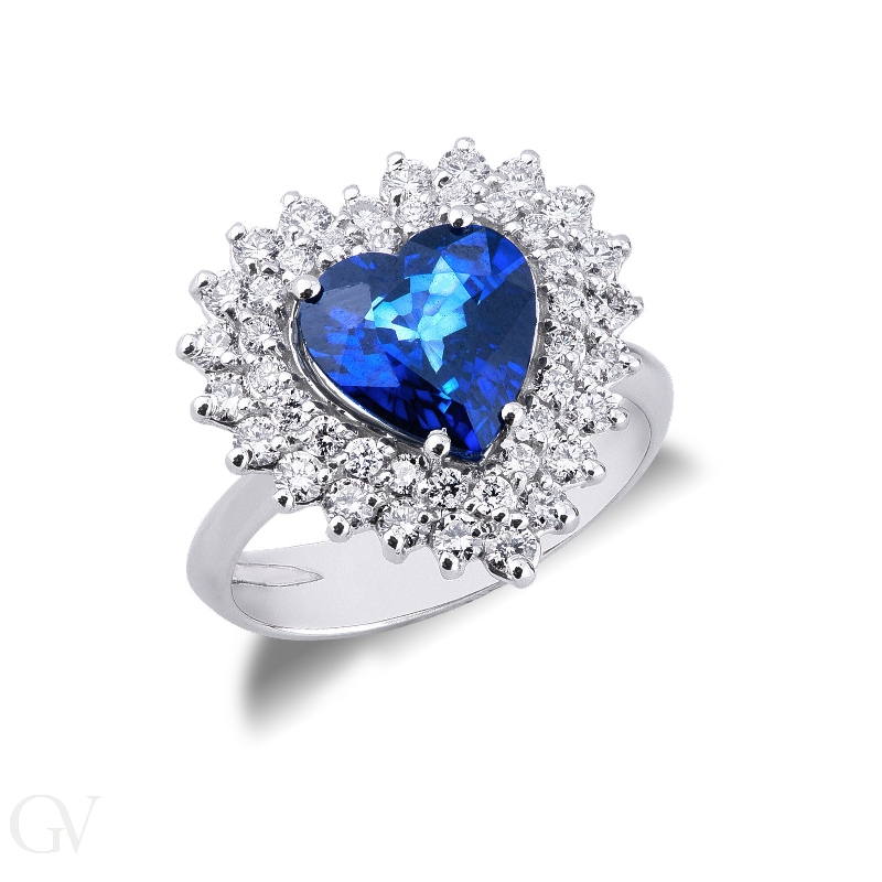 Halo ring with blue sapphire heart cut and diamonds white gold 18k