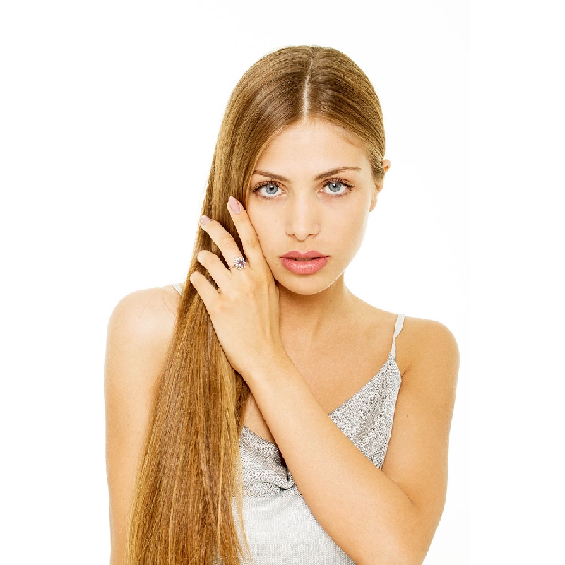 Halo ring with amethyst and diamonds white gold 18k