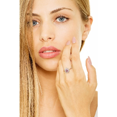 Halo ring with amethyst and diamonds white gold 18k