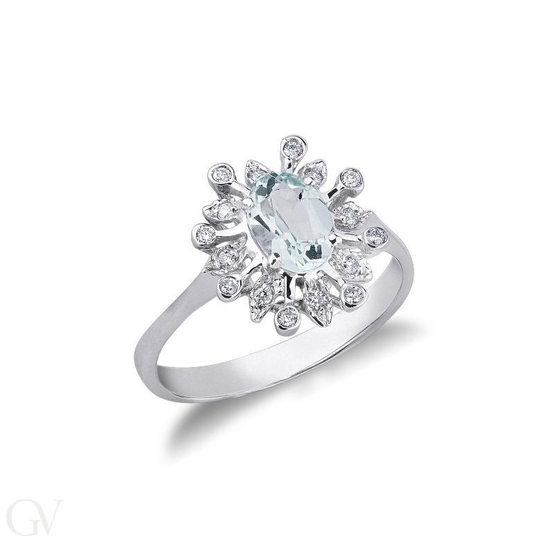 Halo ring with aquamarine and diamonds white gold 18k