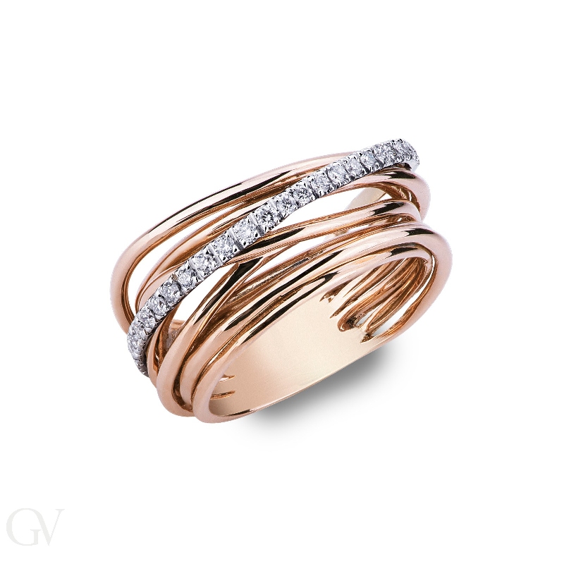 Rosé and white gold 18k crossover ring with diamonds 