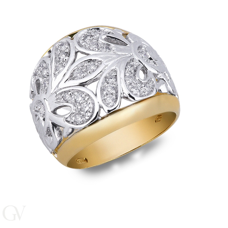 Embroided band ring in white and yellow gold with diamonds 