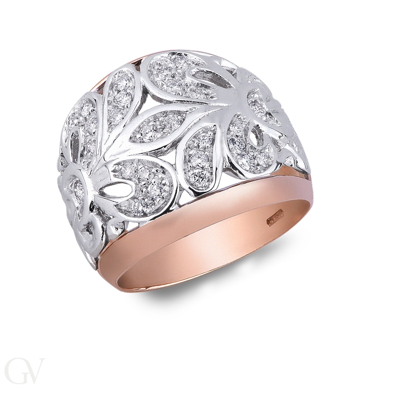 White and rosé gold 18k band ring with embroideries and diamonds 