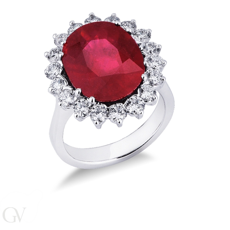 Halo ring white gold 18k with diamonds and central ruby oval cut