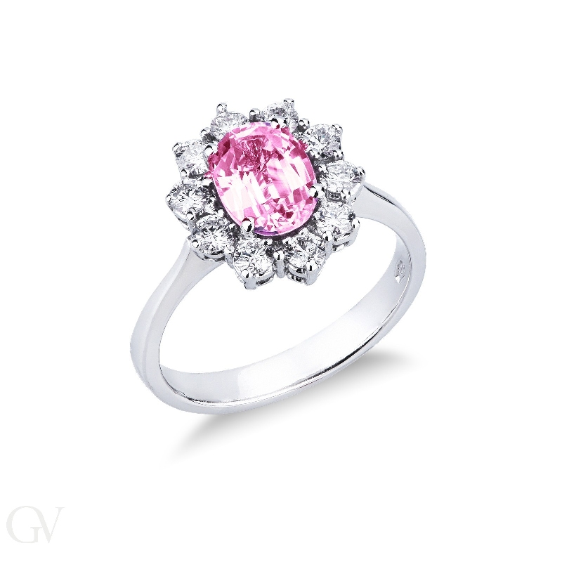 Halo ring in white gold 18k with pink sapphire oval cut and diamonds