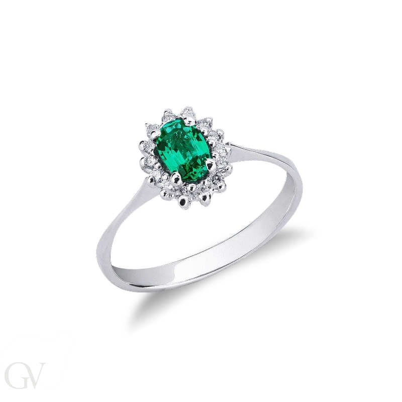 Halo ring white gold 18k with central emerald and diamonds