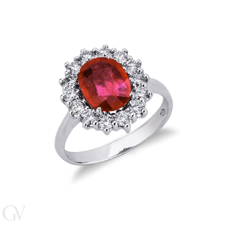 Halo ring with central ruby oval cut and diamonds white gold 18k