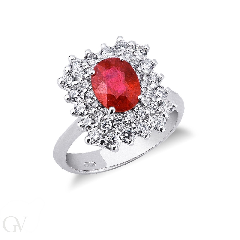 White gold 18k halo ring with diamonds and central ruby 