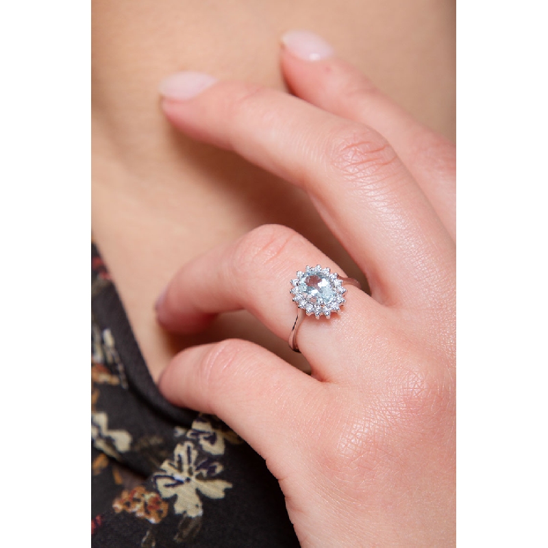 Halo ring with diamonds and aquamarine white gold 18k