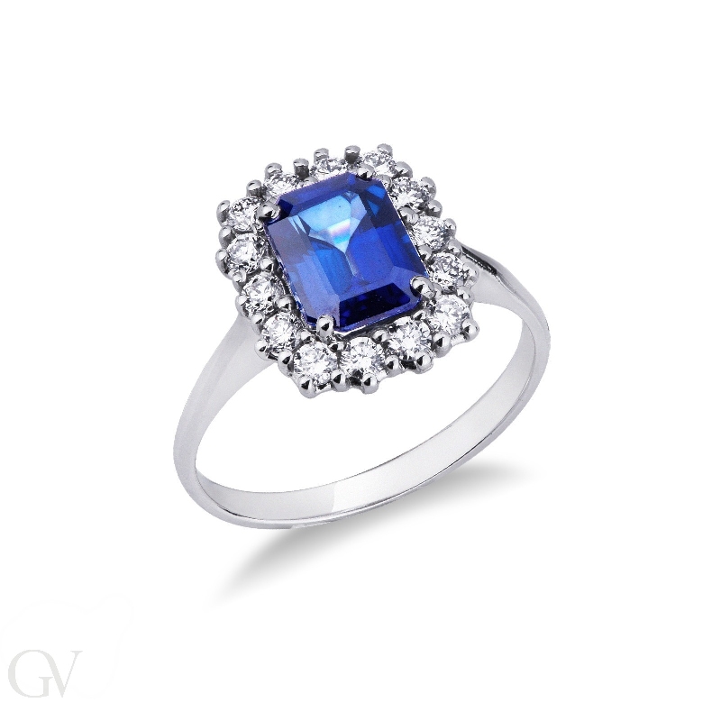 Halo ring white gold 18k with diamonds and central blue sapphire 