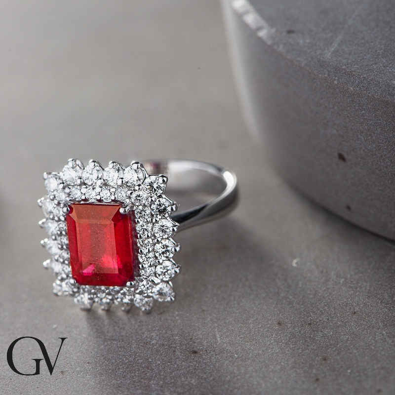 Diamond double halo ring with central ruby white gold 18k