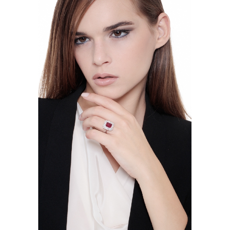 Diamond double halo ring with central ruby white gold 18k