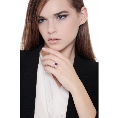 Diamond double halo ring with central ruby white gold 18k