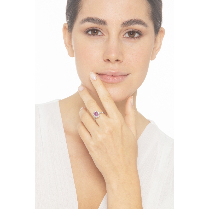 White gold 18k halo ring with diamonds and pink sapphire oval cut