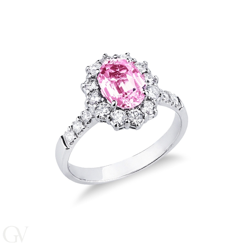 White gold 18k halo ring with diamonds and pink sapphire oval cut