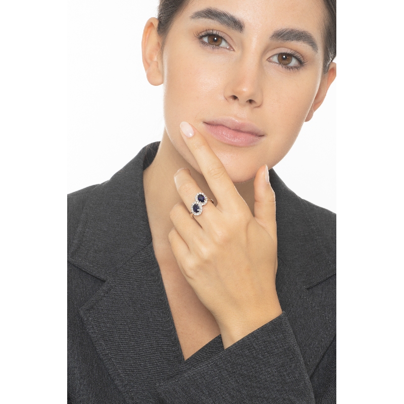 White gold 18k ring with two halo blue sapphires oval cut and diamonds 