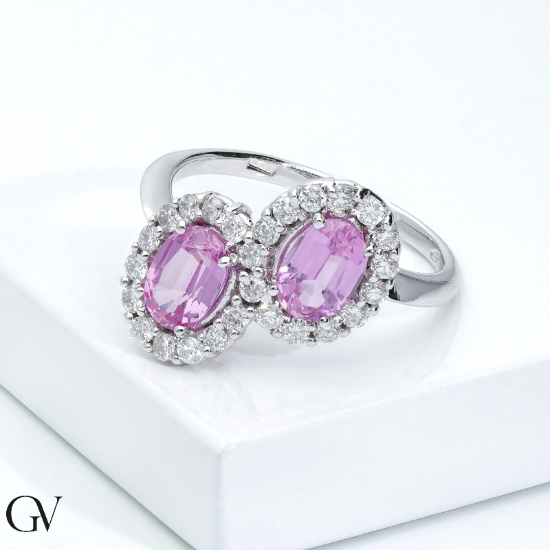 Double halo ring with rosa sapphires oval cut  