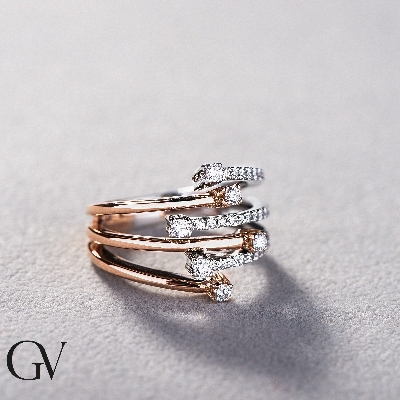 Band ring with six rows of diamonds in white and rosé gold 18k