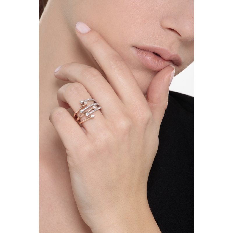 Band ring with six rows of diamonds in white and rosé gold 18k