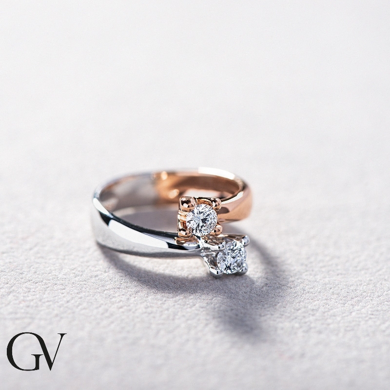 White and rosé gold 18k curved shank diamond ring 