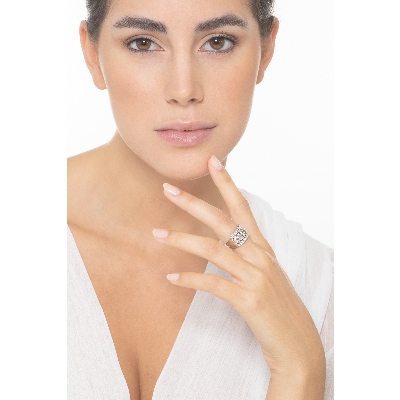 White gold 18k band ring with diamonds and a central brown diamond 