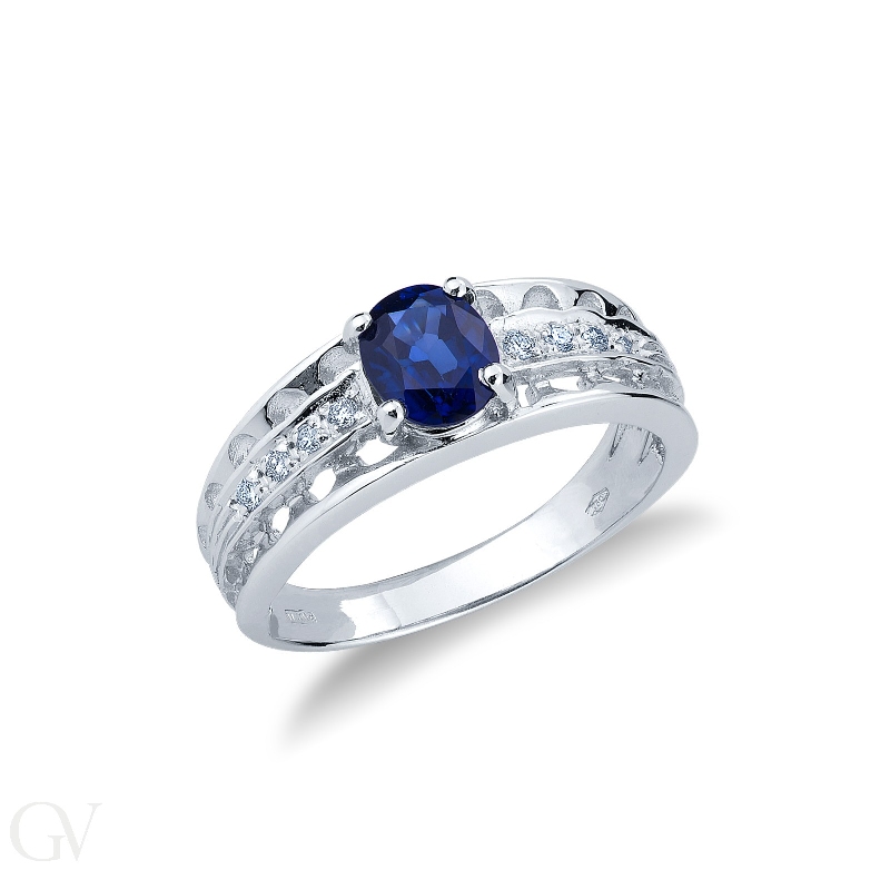 Blue sapphire and diamonds ring in white gold 18k