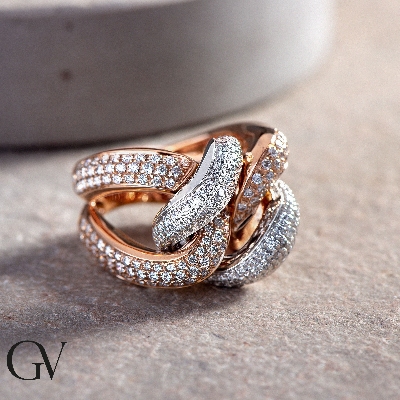 White and rosé gold 18k band knot ring with diamonds 