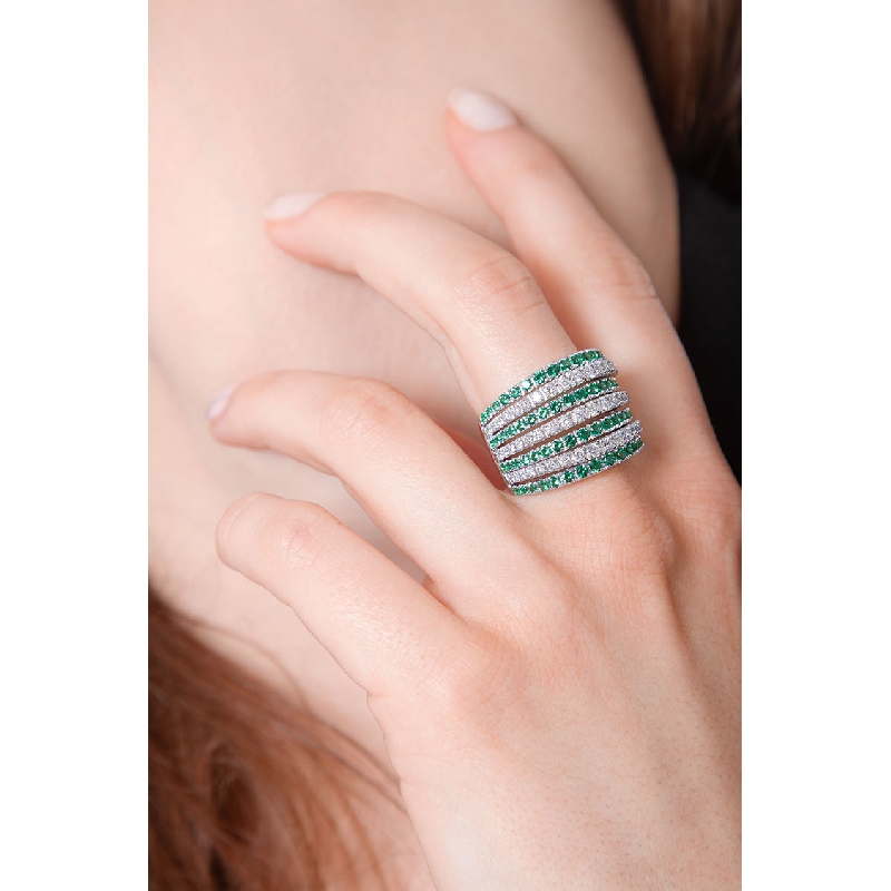 White gold 18k band ring with diamonds and emeralds 