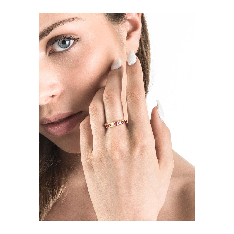 Yellow gold 18k half eternity ring with diamonds and rubies