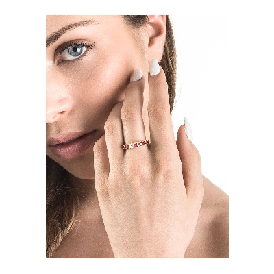 Yellow gold 18k half eternity ring with diamonds and rubies